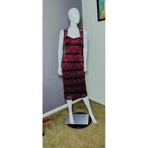 2000's Red x Black Striped Lace Bodycon Midi Dress by Connected Apparel M/L